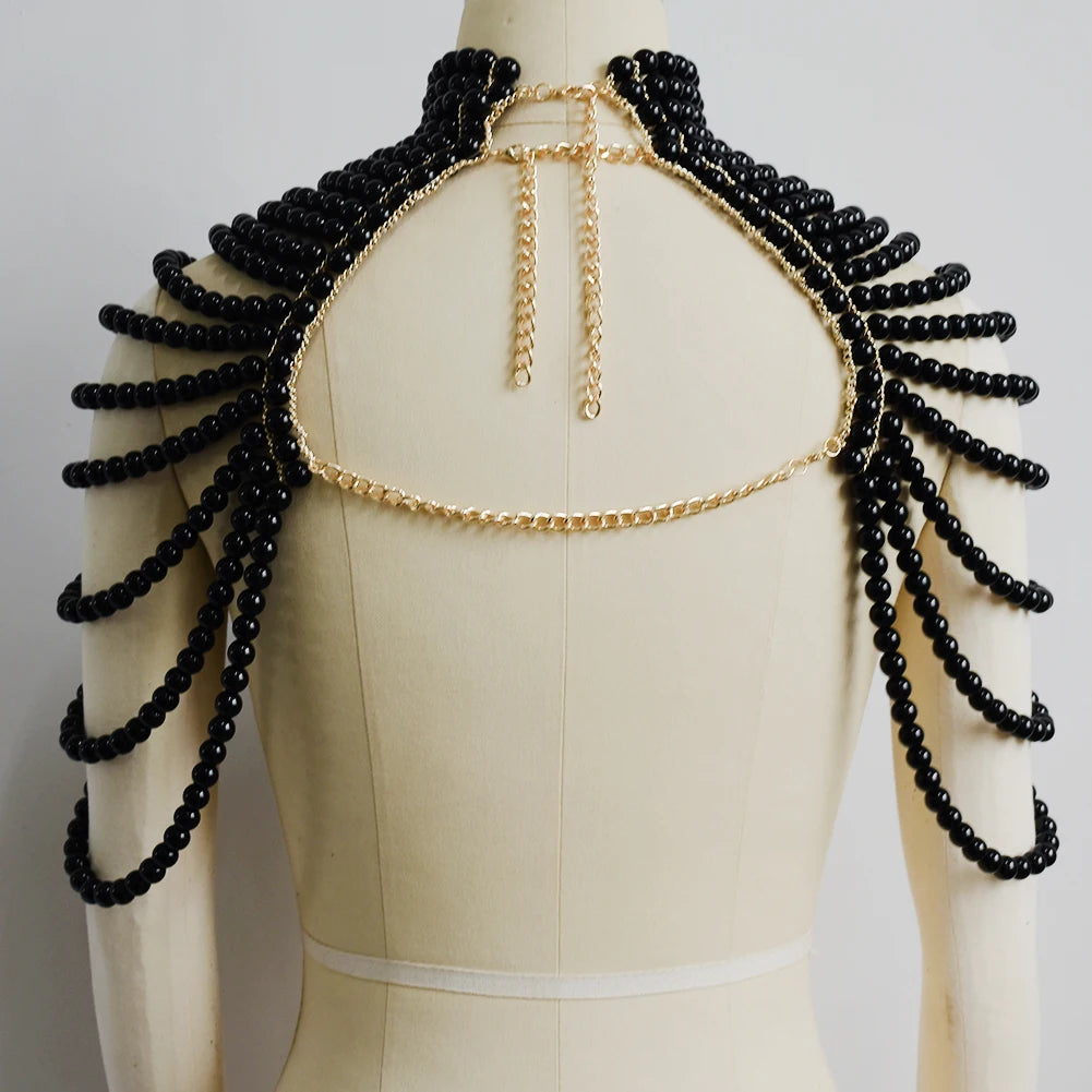 Women Pearl Shawl Necklaces Body Chain Sexy Beaded Collar Shoulder Pearl Bra Top Sweater Chain Wedding Dress Body Jewelry