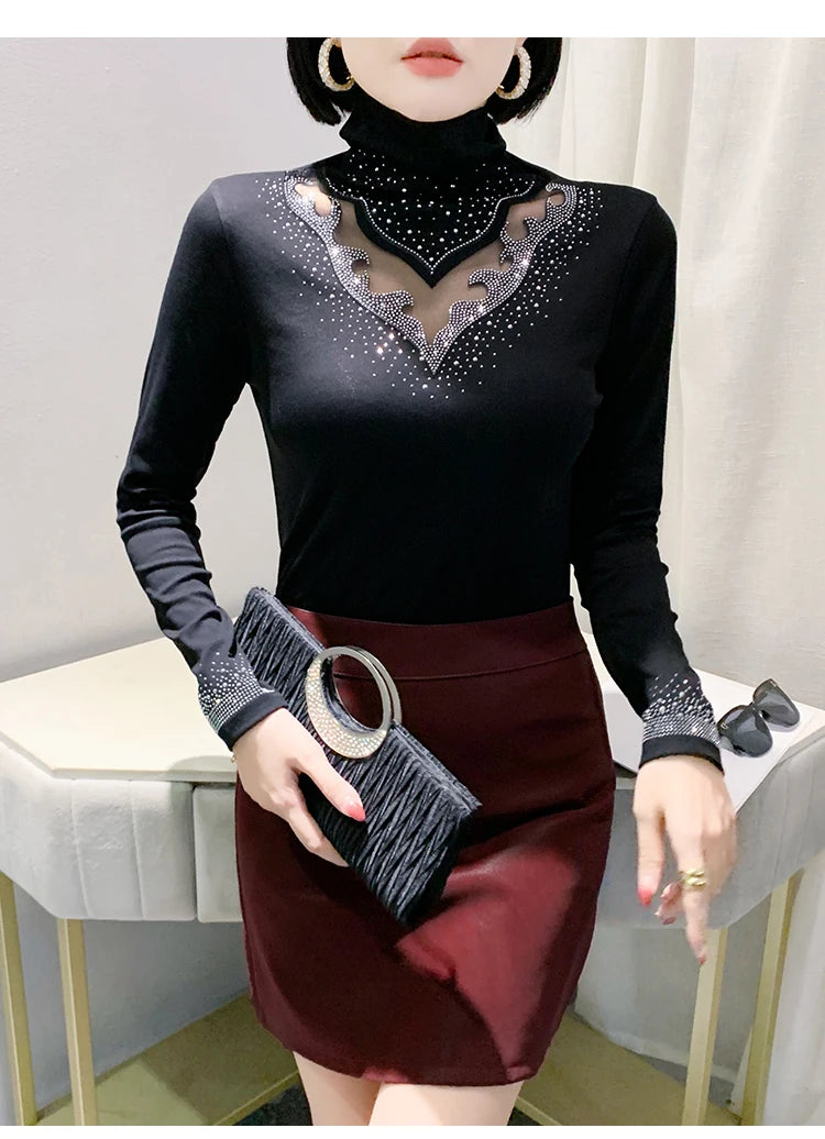 2025 European Station Long Sleeve Women Tees Autumn Winter New Stand collar Hot Diamond T Shirt Fashion Slim Mesh Tops