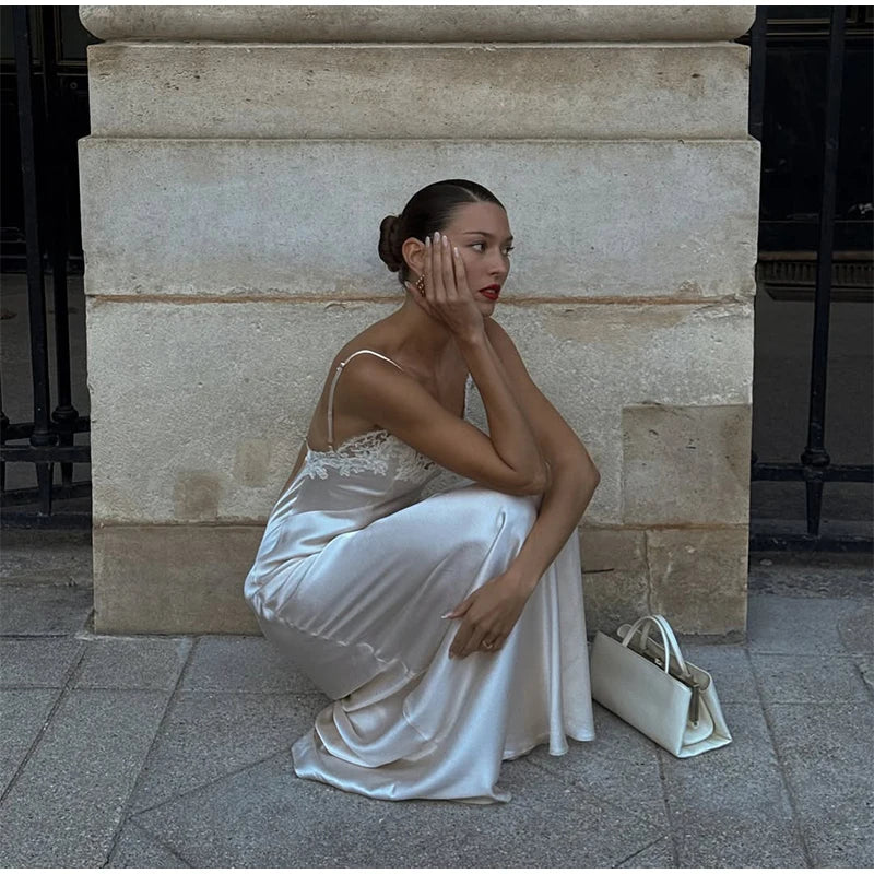 Sexy Satin Sling Maxi Dress Women V-neck Lace Patchwork Sleeveless Backless Slim Dresses 2026 Lady Chic Vacation White Robe