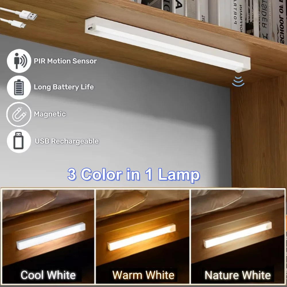 Rechargeable Motion Sensor LED Bar Light Induction Night Light Portable Lamp for Kitchen Cabinet Bedside Bathroom Mirror Light