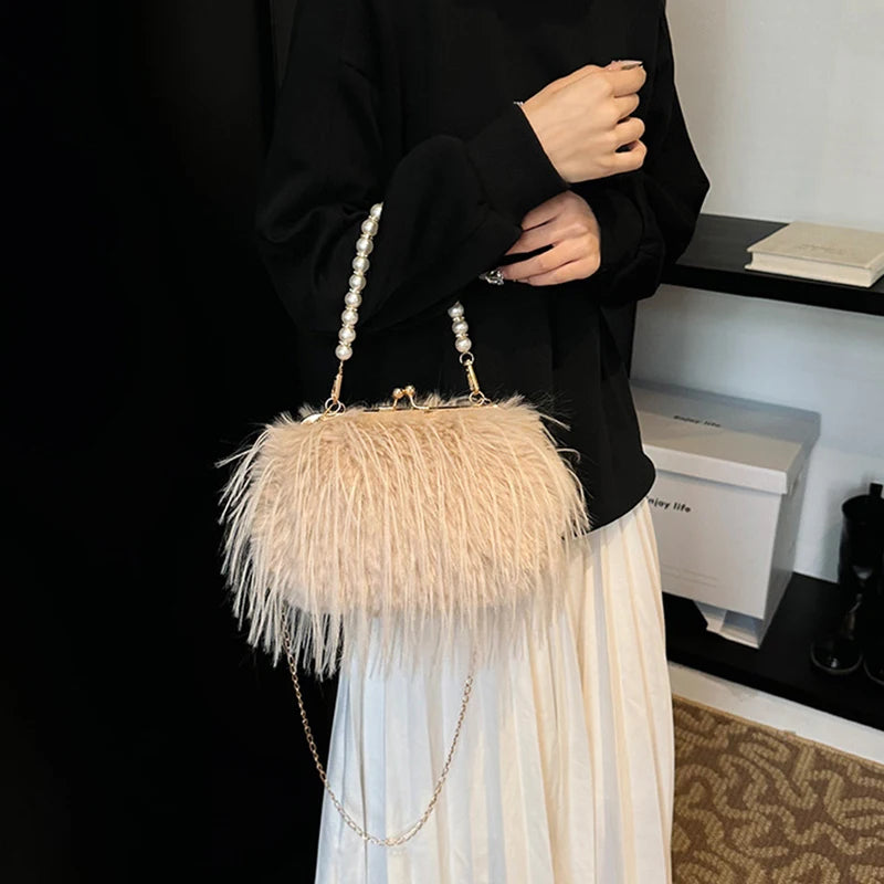 French Square Evening Banquet Bag Handle Pearls Plush Handbag Large Capacity Lock Buckle Shoulder Crossbody Bag Wedding