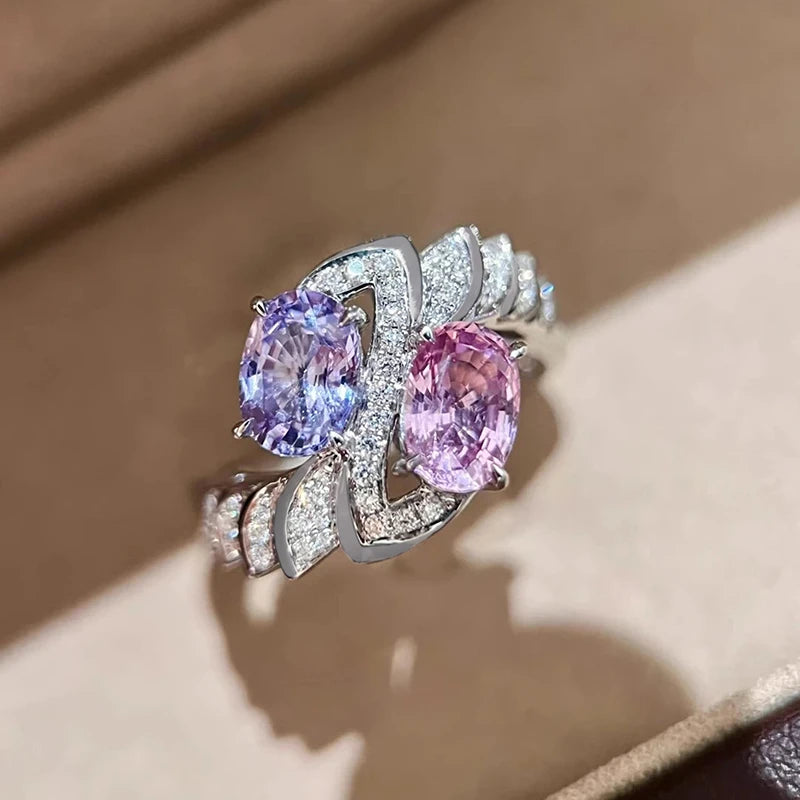 Huitan Charming Purple/Pink Cubic Zirconia Women Rings Romantic Bridal Wedding Accessories Sparkling Rings Party Fashion Jewelry