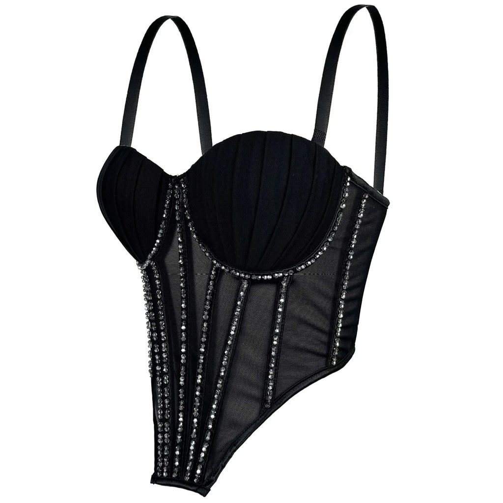 Sexy Mesh Design Camisole Vest Style Ladies Corset Tops with Chest Cushion Sparkling Diamond Decoration Fishbone Lingerie Tops