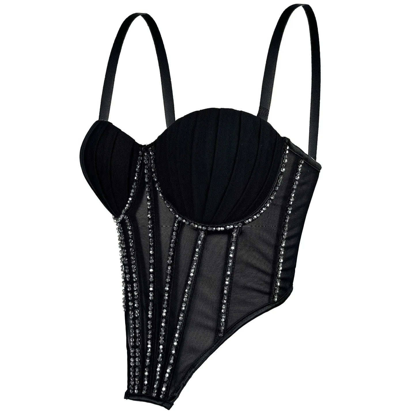 Sexy Mesh Design Camisole Vest Style Ladies Corset Tops with Chest Cushion Sparkling Diamond Decoration Fishbone Lingerie Tops