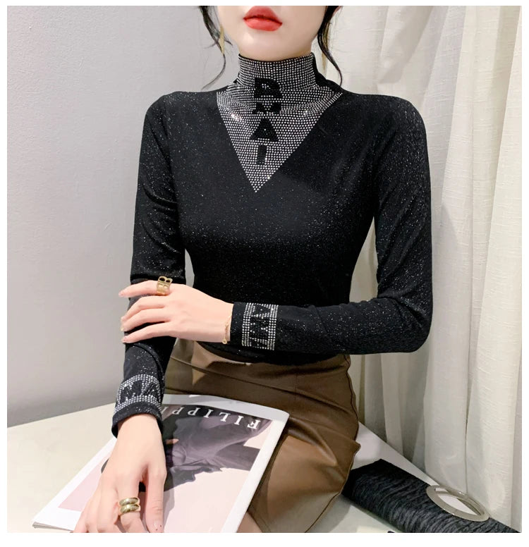 2025 European Station Long Sleeve Women Tees Autumn Winter New Stand collar Hot Diamond T Shirt Fashion Slim Mesh Tops