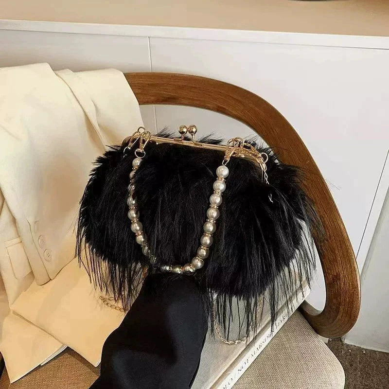 French Square Evening Banquet Bag Handle Pearls Plush Handbag Large Capacity Lock Buckle Shoulder Crossbody Bag Wedding