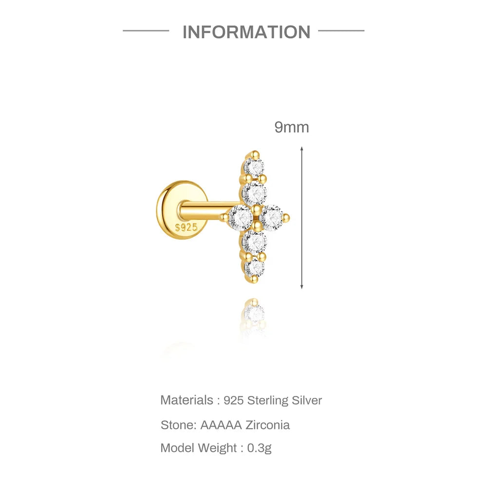 Aide 925 Sterling Silver Heart Flat Push-Back Zircon Pendiente Piercing Stud Earrings For Women K Gold Simple Elegant Jewelry