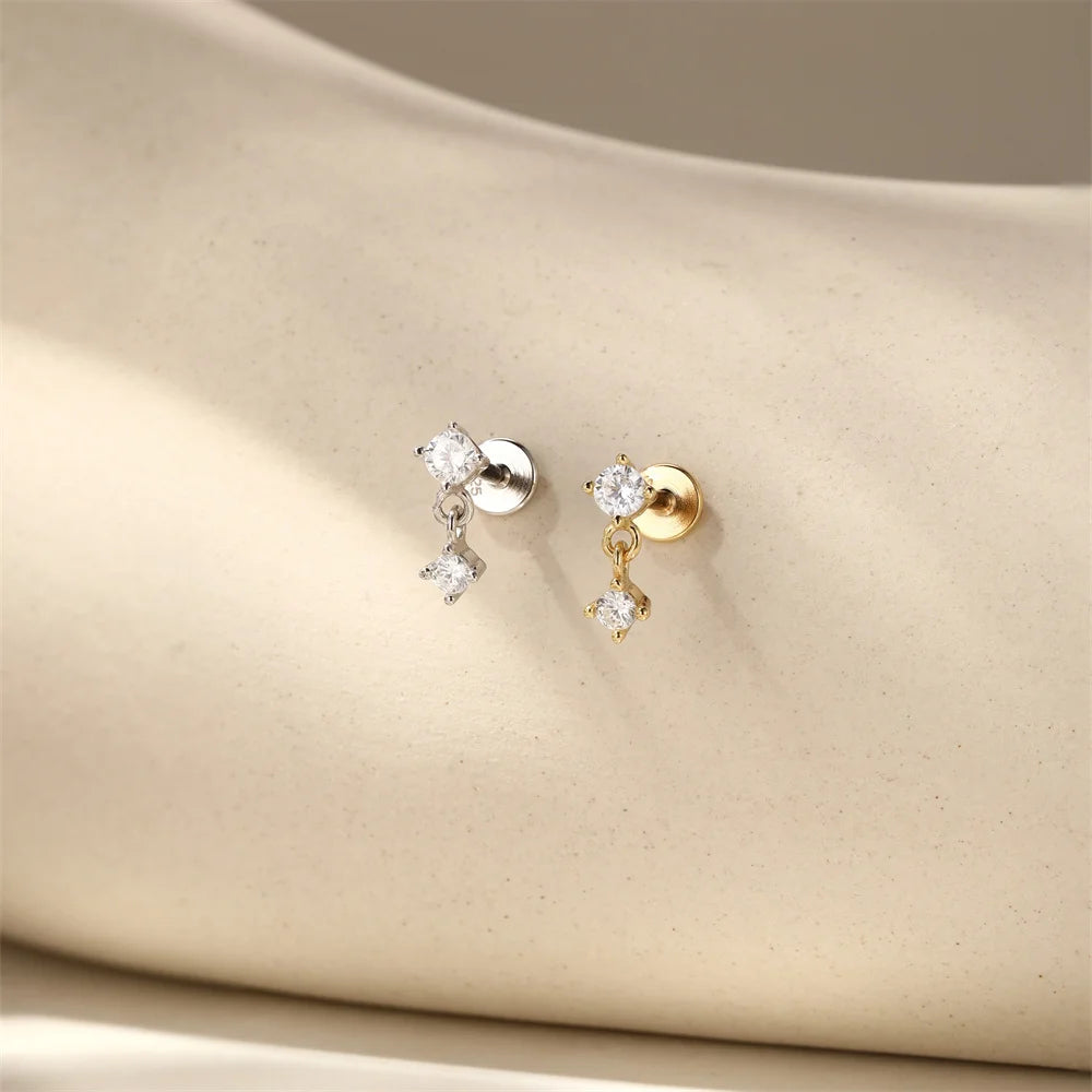 Aide 1pc 925 Sterling Silver Mini Zircon Thick Flat Screw Back Drop Earrings For Women K Gold Piercing Stud Earrings Jewelry