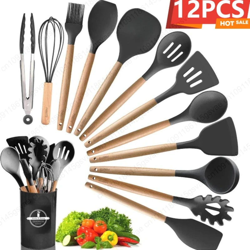 12Pcs/5pcs Silicone Kitchenware Non-Stick Cookware Kitchen Utensils Set Spatula Shovel Egg Beater Wooden Handle Cooking Tool Set
