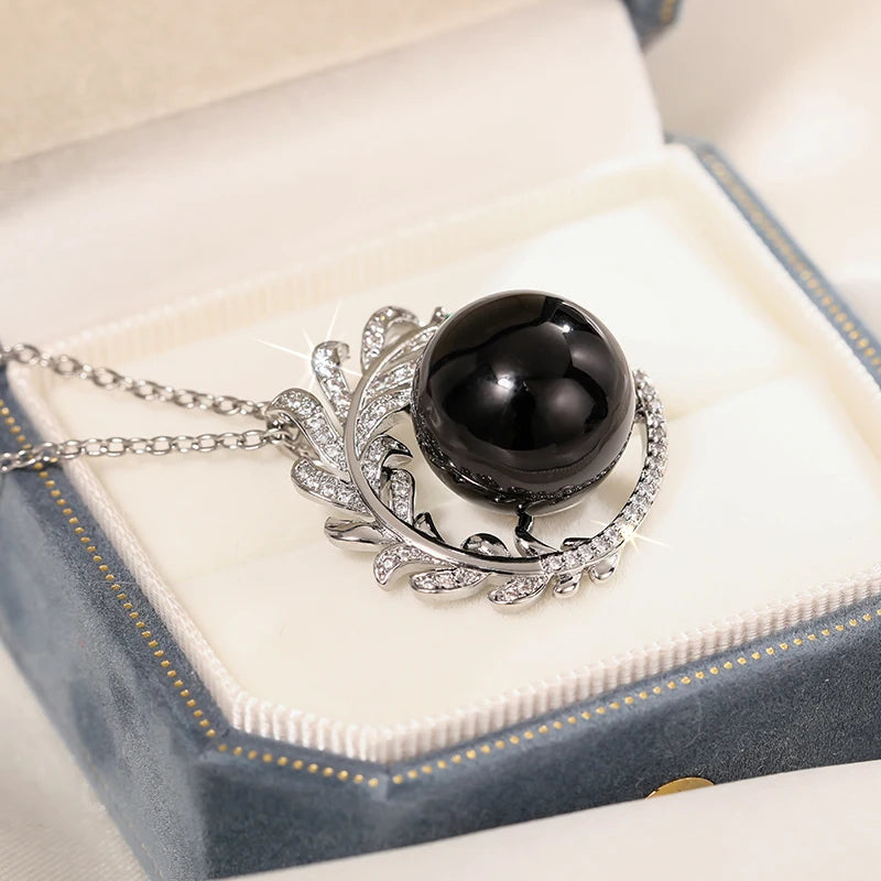 Huitan Aesthetic Branch Design Pendant Necklace with Black Imitation Pearl Pear Green CZ Luxury Trendy Wedding Jewelry for Women