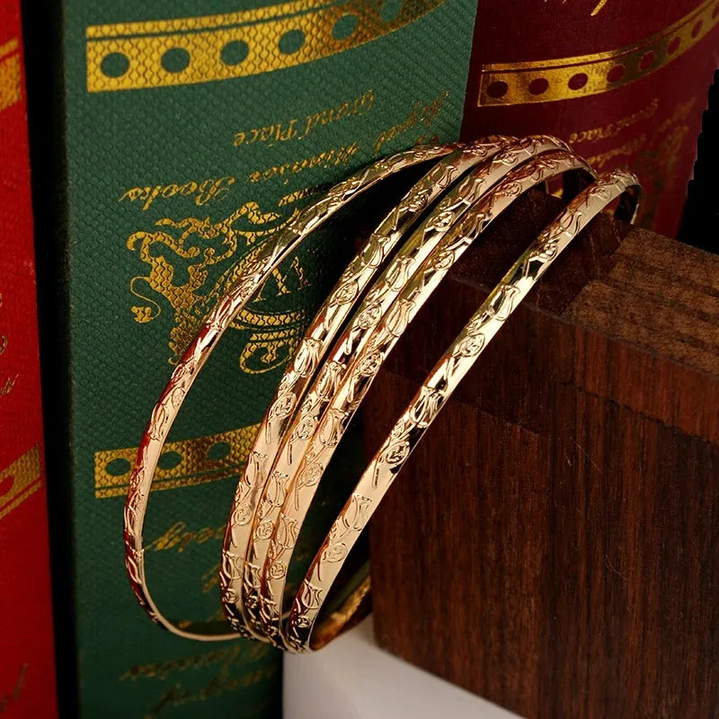 Herseygold Slim Metal Bangles Gold Plated Carved Flower Layered Cuff Bracelet Luxury Bride Jewelry Ethnic Mother Day Gift