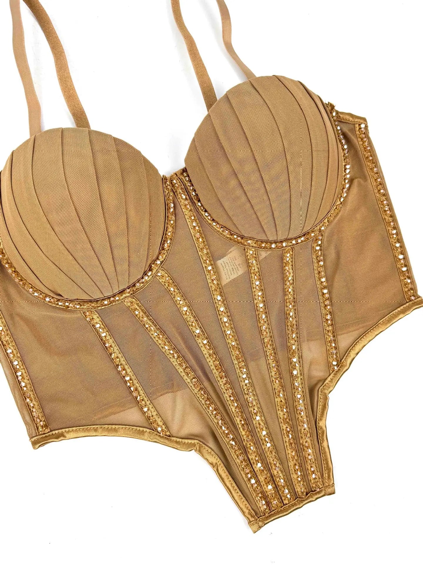 Sexy Mesh Design Camisole Vest Style Ladies Corset Tops with Chest Cushion Sparkling Diamond Decoration Fishbone Lingerie Tops