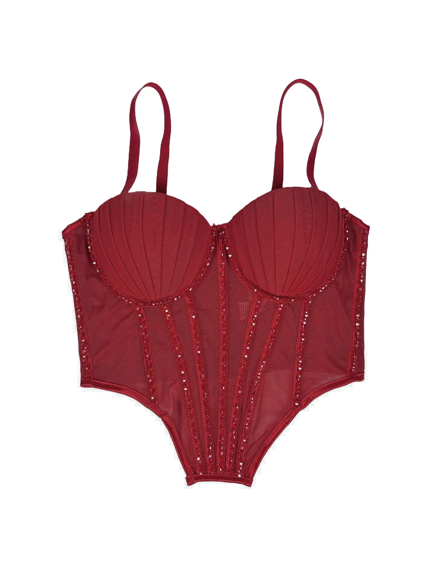 Sexy Mesh Design Camisole Vest Style Ladies Corset Tops with Chest Cushion Sparkling Diamond Decoration Fishbone Lingerie Tops