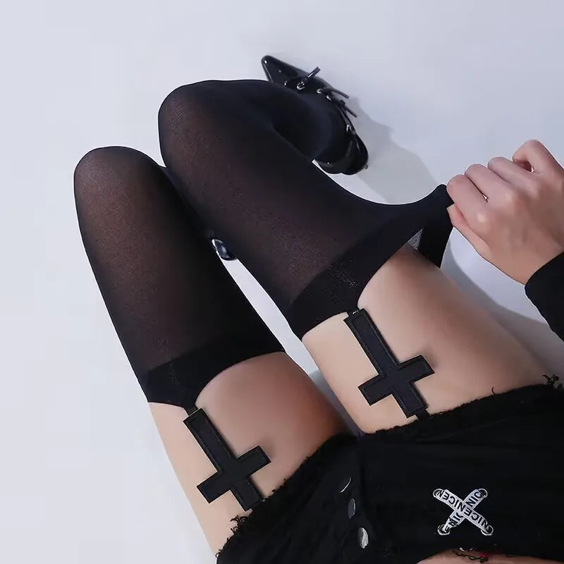 Gothic Cross Gyaru Stockings Women Sexy Belt Black Stockings Luxury Knee-socks Stocking White Thigh Highs Socks Lolita Pantyhose