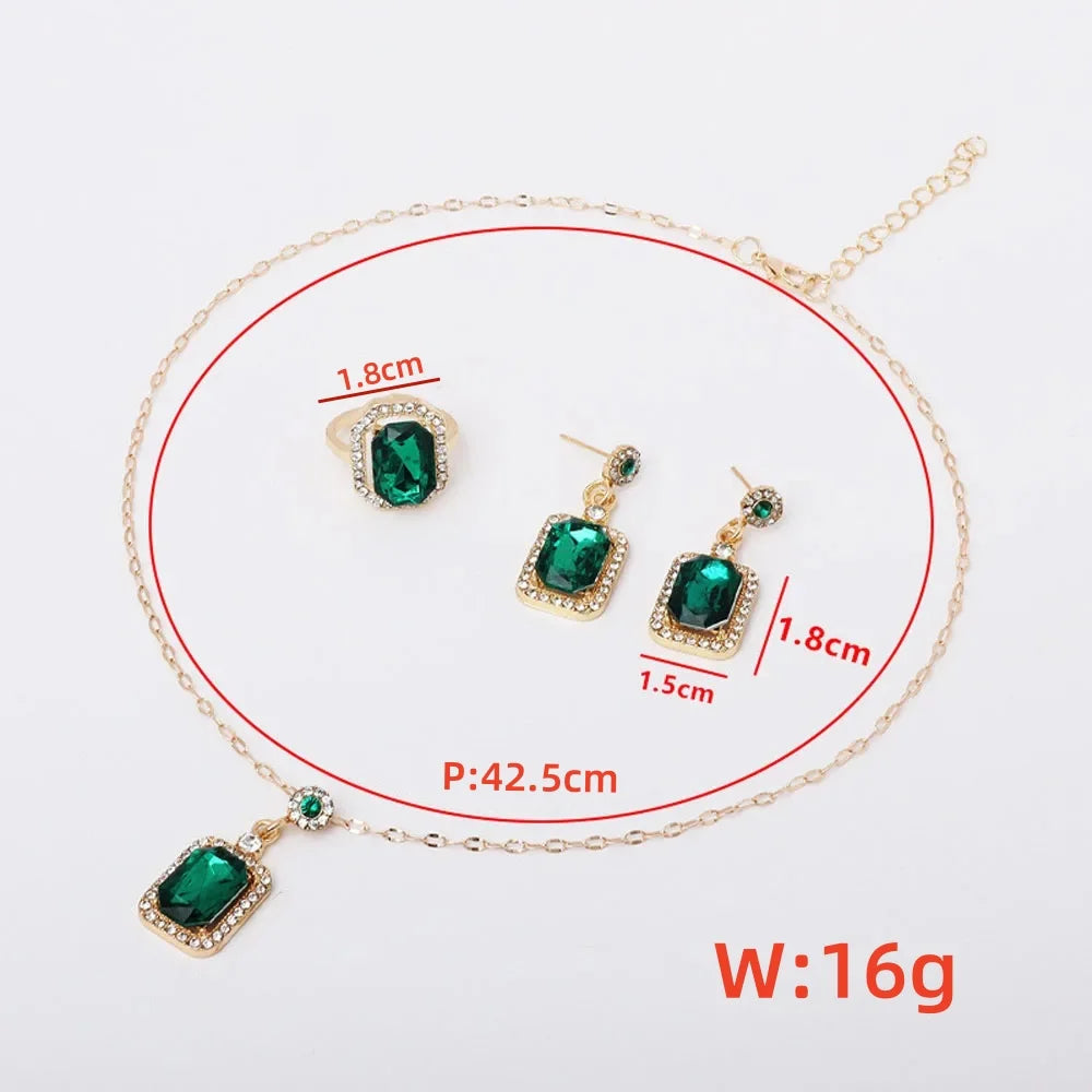 4PCS Sets Exquisite Quadrate Rhinestone Necklace Earrings Ring Jewelry Set Charm Ladies Jewelry Fashion Bridal Gifts