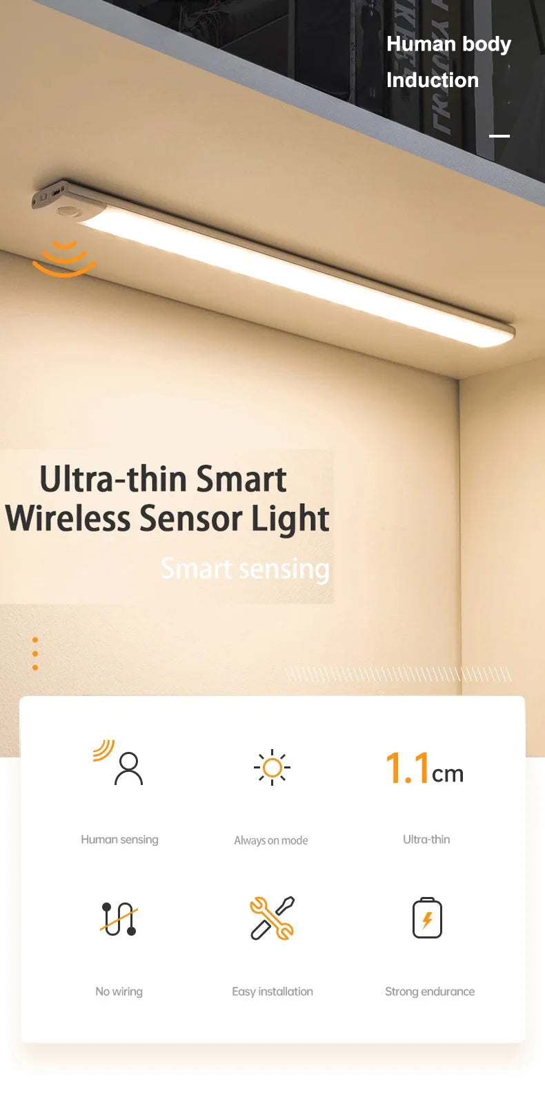 LED Bar Light Under Cabinet Lighting Motion Sensor USB Rechargeable Magnetic for Kitchen Closet Night Light