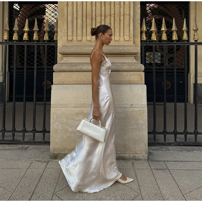 Sexy Satin Sling Maxi Dress Women V-neck Lace Patchwork Sleeveless Backless Slim Dresses 2026 Lady Chic Vacation White Robe