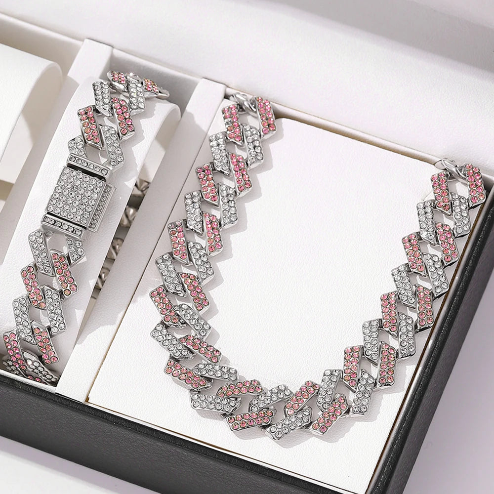 2pcs Jewelry Set Hip Hop Geometric Cuban Chain Neck Fashionable High Quality Hip Hop Rhinestone Neck Bracelet Jewelry holiday gi