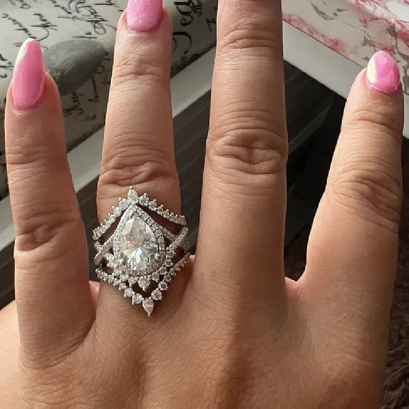 Huitan Gorgeous Pear Cubic Zirconia Set Rings for Women New Fashion Wedding Accessories Temperament Female Jewelry Drop Shipping