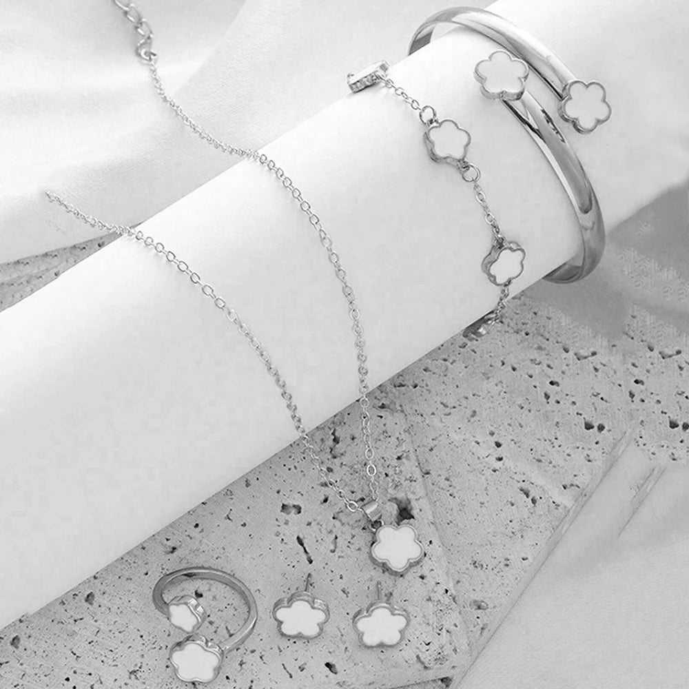 5pcs Lucky Five-petal Flower Women's Jewelry Set, Fashion Flower Bracelet + Necklace + Earrings + Bracelet + Ring, Birthday, Ann