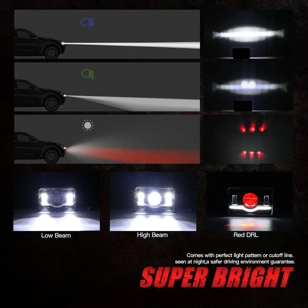 12V 24V 4x6 inch LED Headlights H4 Led Work Light Square Light Replacement for GMC Chevrolet Car Jeep Motorcycle Truck Headlamp