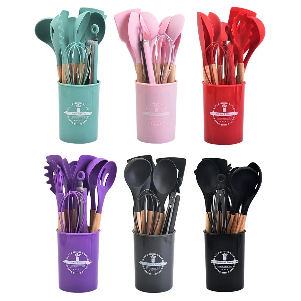 12Pcs/5pcs Silicone Kitchenware Non-Stick Cookware Kitchen Utensils Set Spatula Shovel Egg Beater Wooden Handle Cooking Tool Set