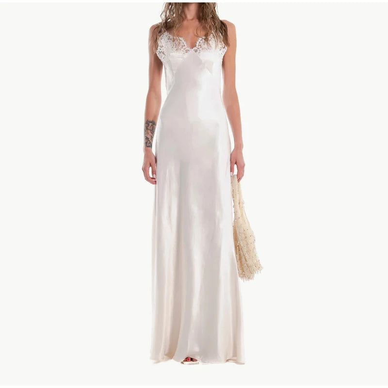 Sexy Satin Sling Maxi Dress Women V-neck Lace Patchwork Sleeveless Backless Slim Dresses 2026 Lady Chic Vacation White Robe