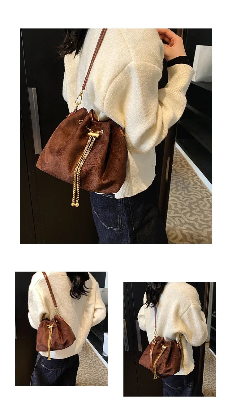 Soft Solid Faux Suede Simple Commuting Crossbody Bags 2026 Hot Sale Sewing Sweet Bags for Women Thread String Women's Handbags