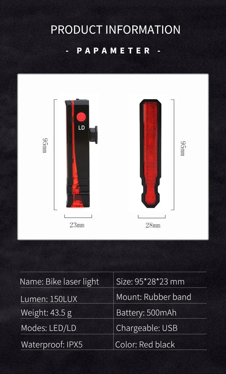 Bike Rear Light Laser Line Warning Lamp Waterproof Seatpost LED Light USB Rechargeable MTB Road Bicycle Taillight