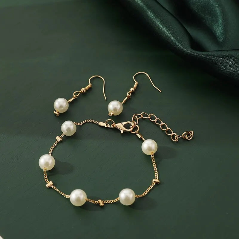 4pcs Gold-color Necklace Earring Bracelet Set Ladies Elegant Imitation-Pearls Collection Temperament Tassel Jewelry