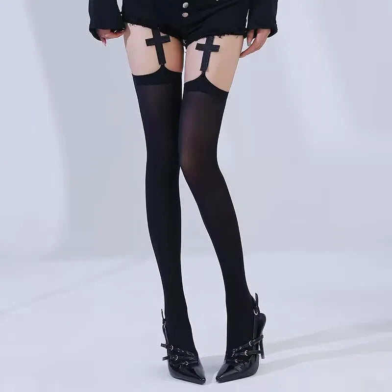 Gothic Cross Gyaru Stockings Women Sexy Belt Black Stockings Luxury Knee-socks Stocking White Thigh Highs Socks Lolita Pantyhose