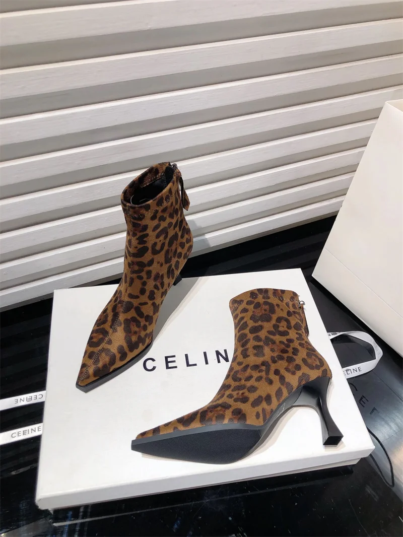 Autumn Women's High Heel Leopard Print Ankle Boots New Winter Pointed Head Thin Heel Chelsea Boots for Shoes Dress D503