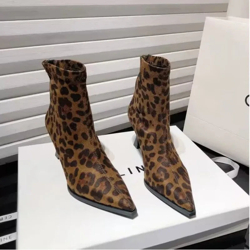 Autumn Women's High Heel Leopard Print Ankle Boots New Winter Pointed Head Thin Heel Chelsea Boots for Shoes Dress D503