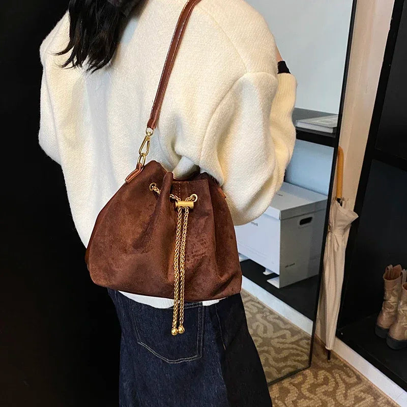 Soft Solid Faux Suede Simple Commuting Crossbody Bags 2026 Hot Sale Sewing Sweet Bags for Women Thread String Women's Handbags
