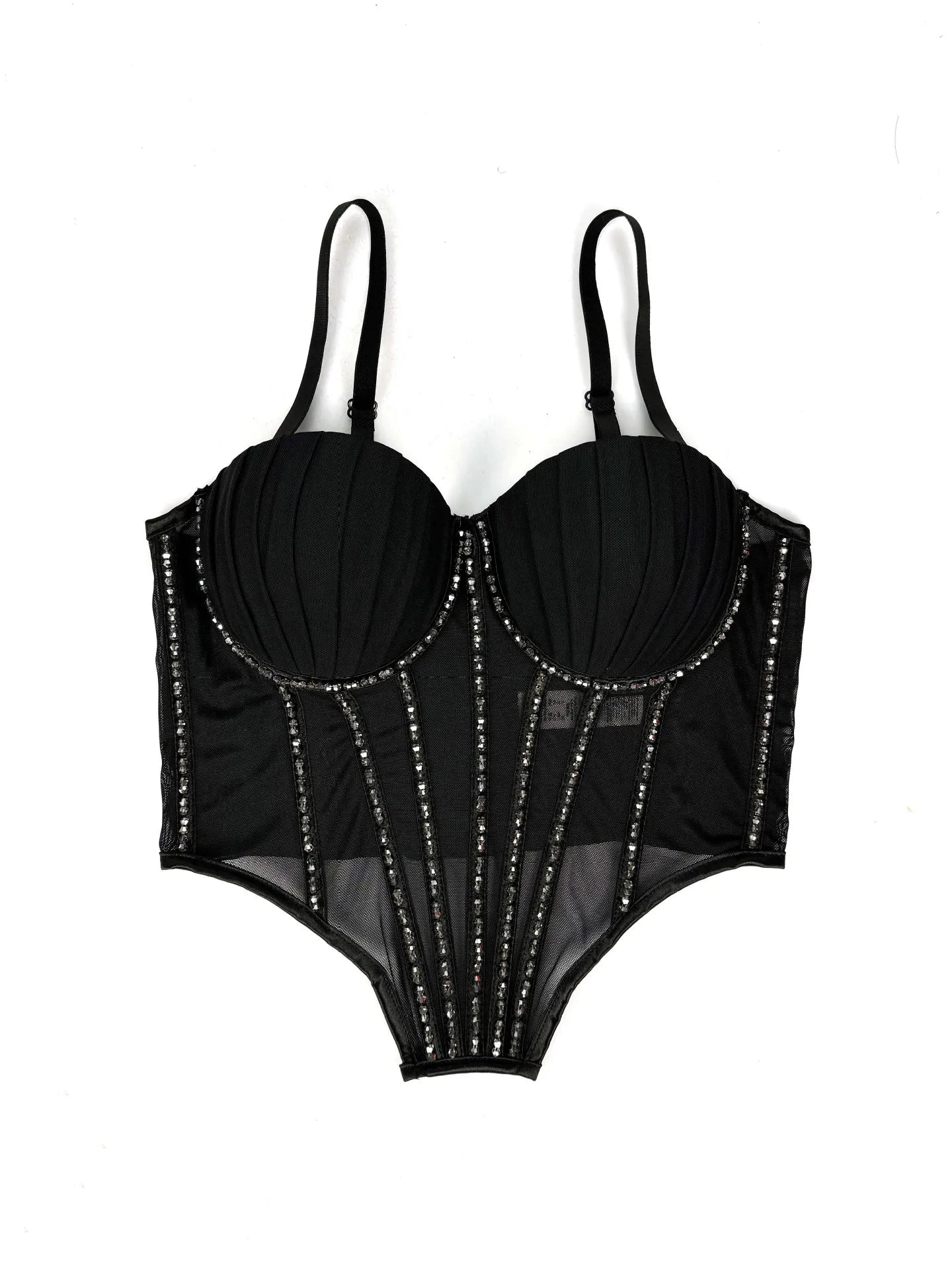 Sexy Mesh Design Camisole Vest Style Ladies Corset Tops with Chest Cushion Sparkling Diamond Decoration Fishbone Lingerie Tops