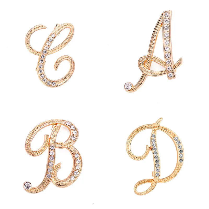 A-Z Letter Brooch Women Rhinestones Gold Crystal Metal Alphabet Pins Jewelry DIY Accessories