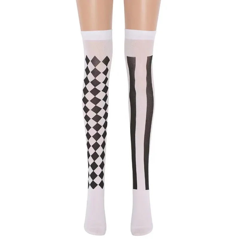 Clown Asymmetrical Striped Printed Over Knee Long Sock Halloween Thigh Highs Stockings Cosplay Costume Tights for Women