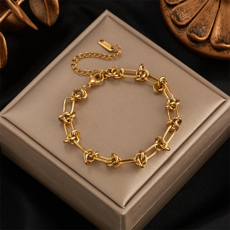 DIEYURO 316L Stainless Steel Gold Silver Color Twist Knot Necklace Bracelets For Womens Girl New Fashion Non-fading Jewelry Set