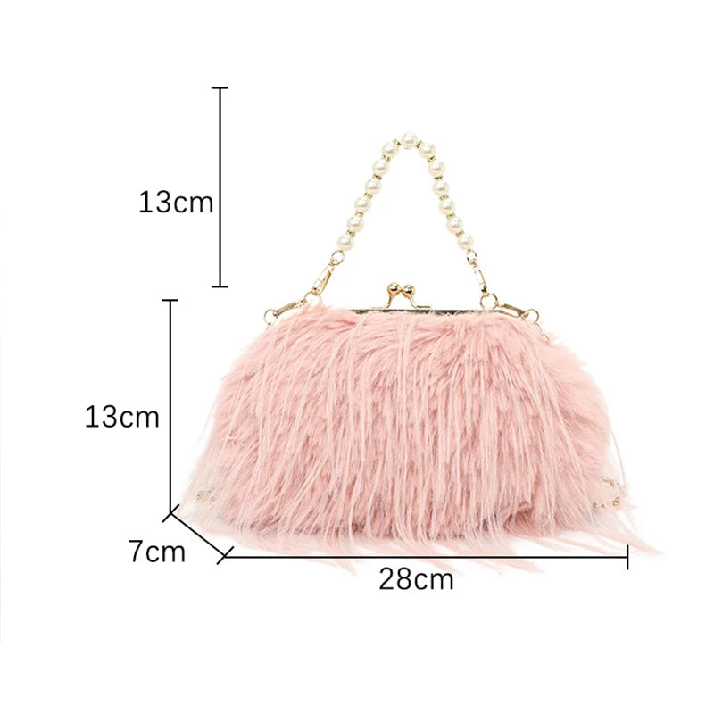 French Square Evening Banquet Bag Handle Pearls Plush Handbag Large Capacity Lock Buckle Shoulder Crossbody Bag Wedding