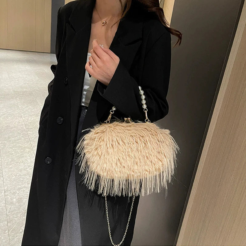 French Square Evening Banquet Bag Handle Pearls Plush Handbag Large Capacity Lock Buckle Shoulder Crossbody Bag Wedding