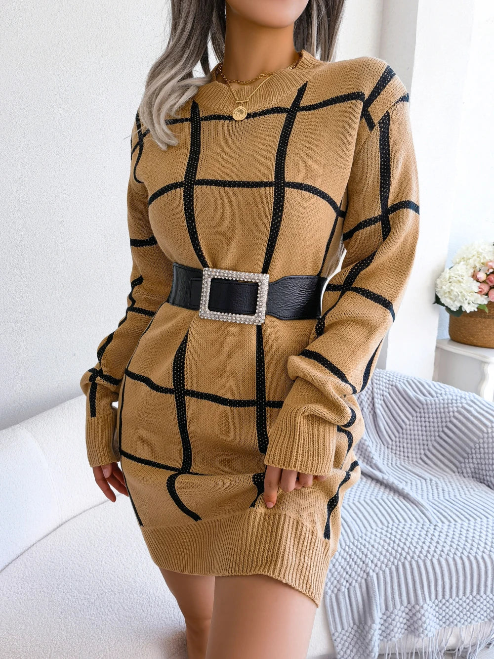 Women Casual Plaid Long Sleeve Knitted Sweater Dress 2026 Autumn Winter Clothes Without The Belt