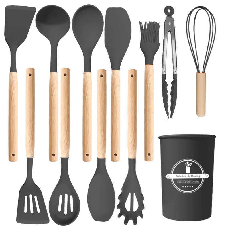12Pcs/5pcs Silicone Kitchenware Non-Stick Cookware Kitchen Utensils Set Spatula Shovel Egg Beater Wooden Handle Cooking Tool Set