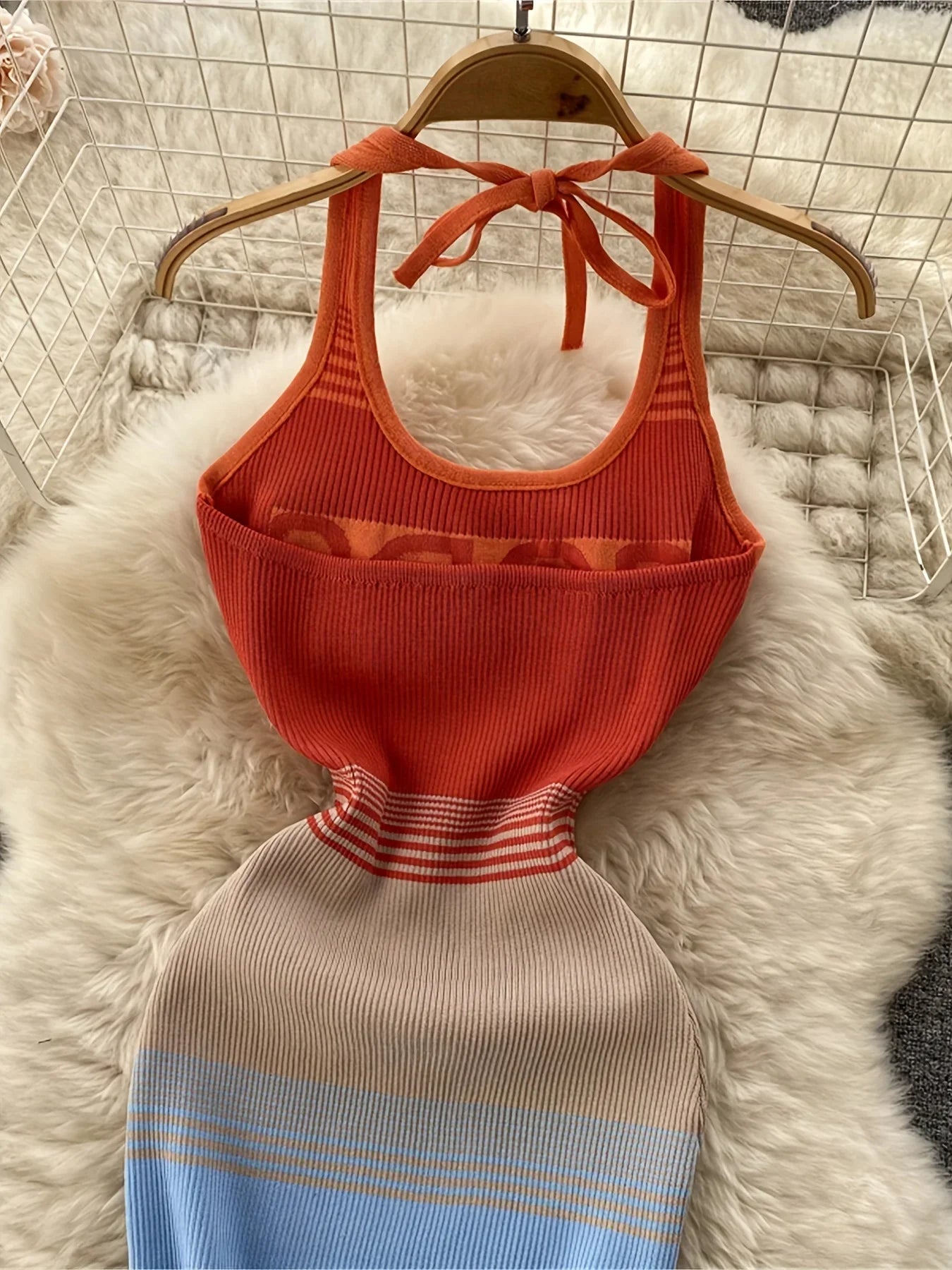 2026 Women's Color Block Bodycon Halter Dress  Sexy and Backless for Spring and Summer Short Sundress Outfit