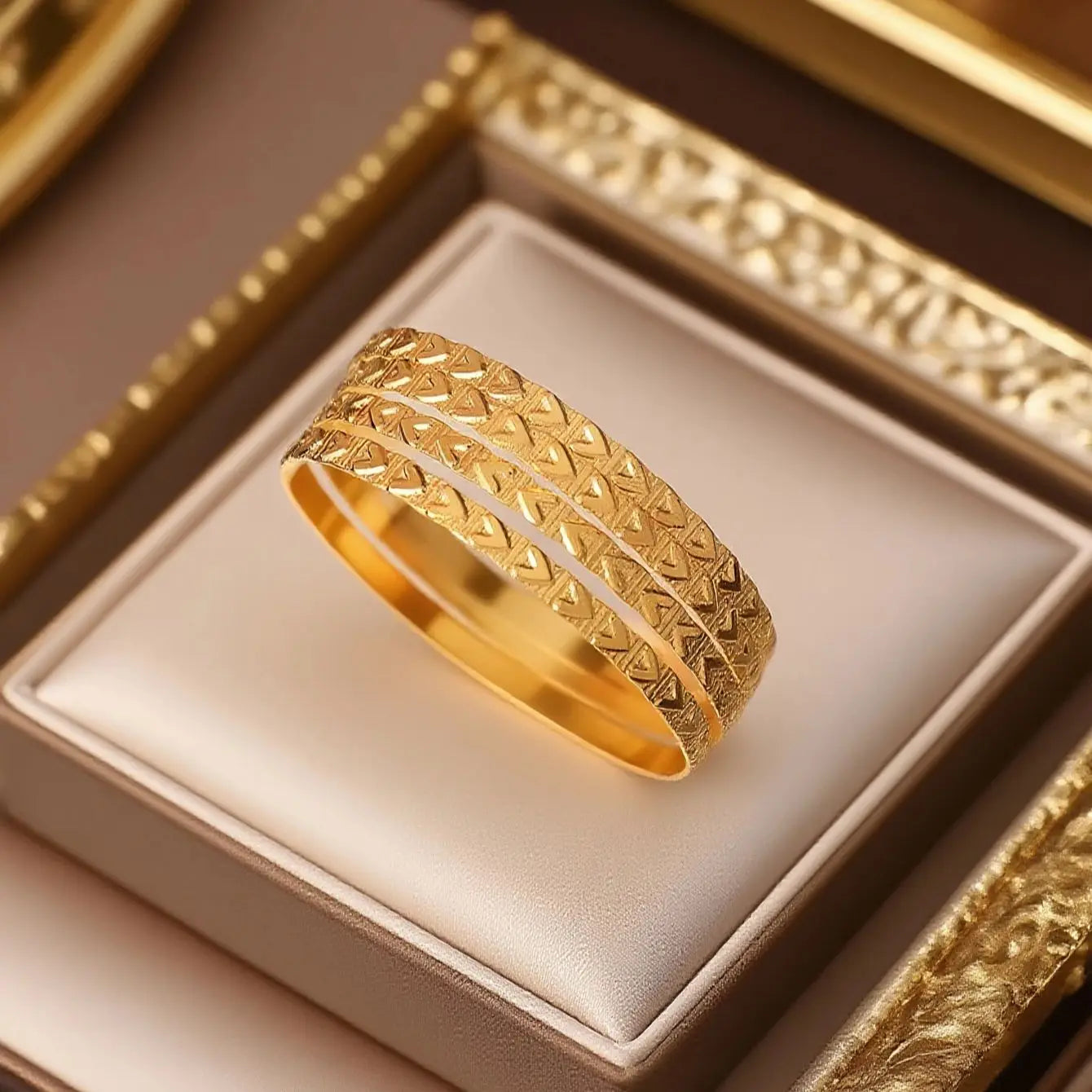 Herseygold Slim Metal Bangles Gold Plated Carved Flower Layered Cuff Bracelet Luxury Bride Jewelry Ethnic Mother Day Gift