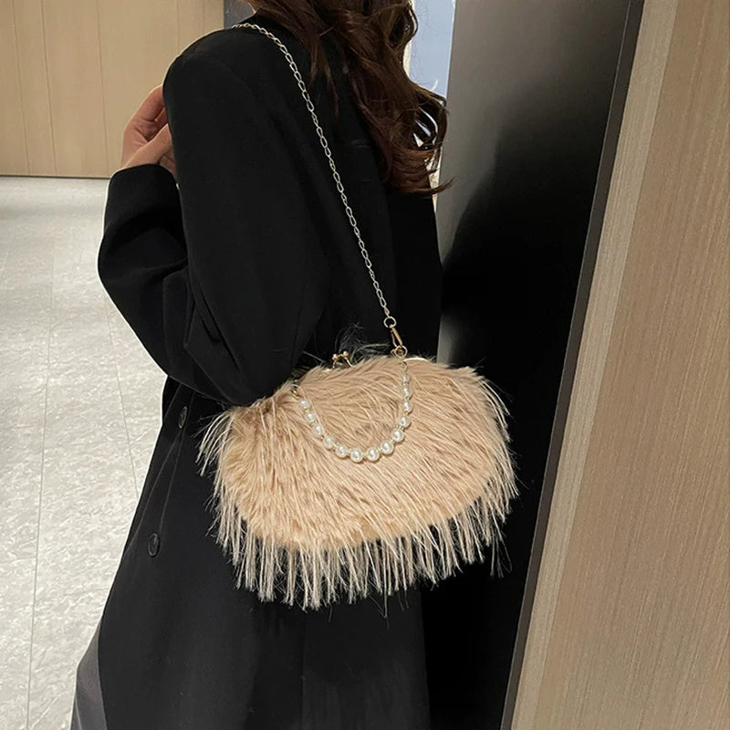 French Square Evening Banquet Bag Handle Pearls Plush Handbag Large Capacity Lock Buckle Shoulder Crossbody Bag Wedding