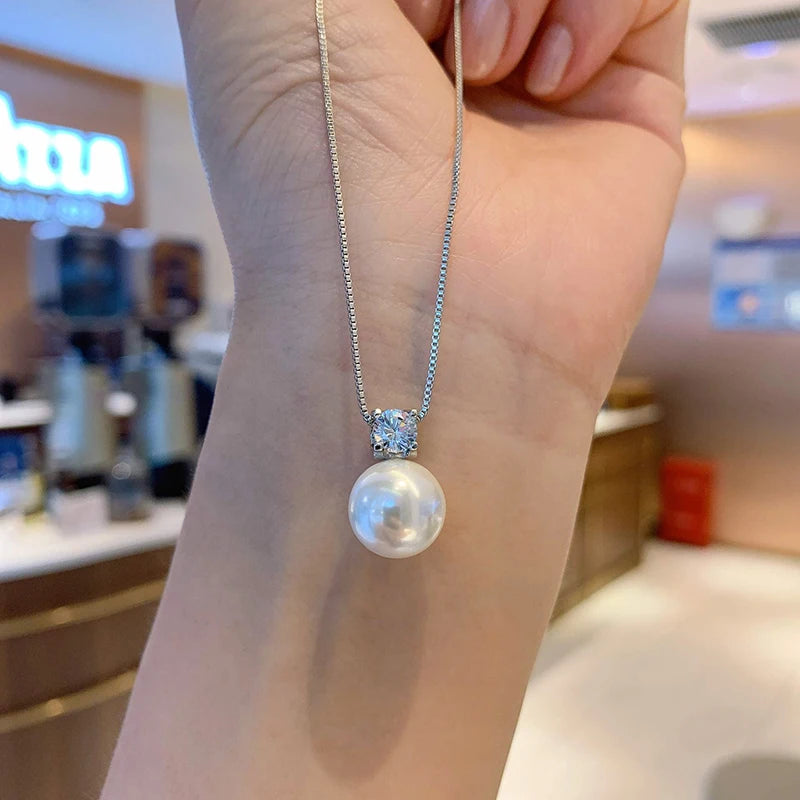 Huitan Trendy Imitation Pearl Pendant Necklace for Women Silver Color Box Chain Exquisite Bridal Wedding Necklace Lady Jewelry