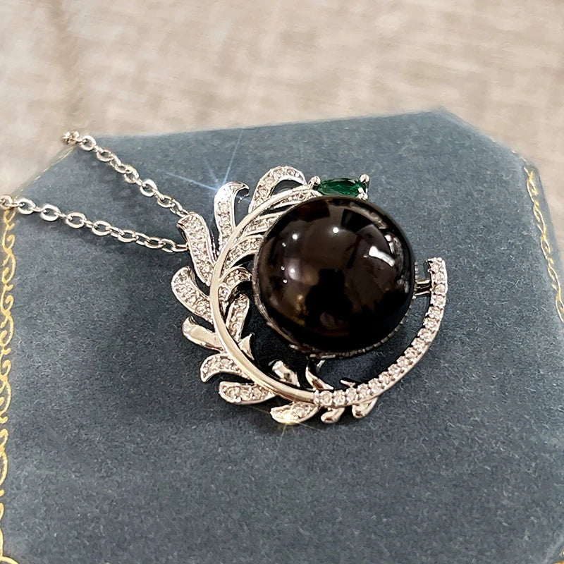 Huitan Aesthetic Branch Design Pendant Necklace with Black Imitation Pearl Pear Green CZ Luxury Trendy Wedding Jewelry for Women