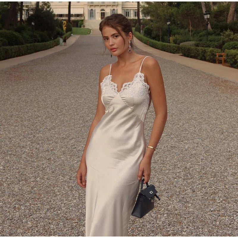 Sexy Satin Sling Maxi Dress Women V-neck Lace Patchwork Sleeveless Backless Slim Dresses 2026 Lady Chic Vacation White Robe