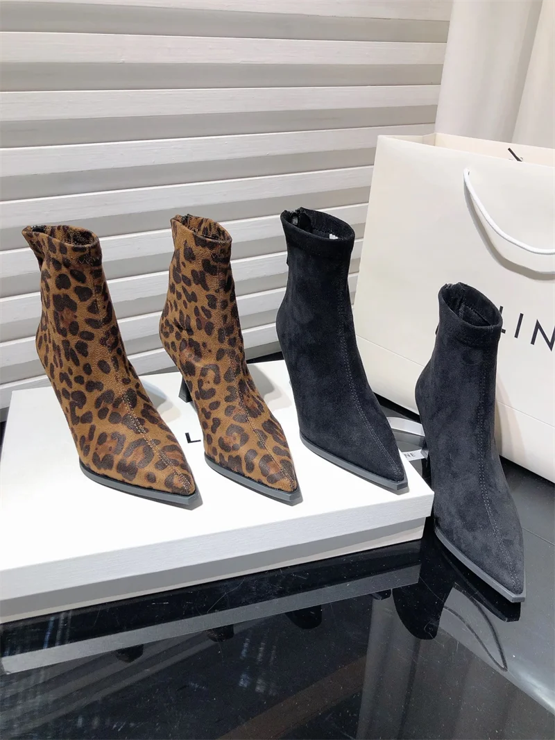 Autumn Women's High Heel Leopard Print Ankle Boots New Winter Pointed Head Thin Heel Chelsea Boots for Shoes Dress D503