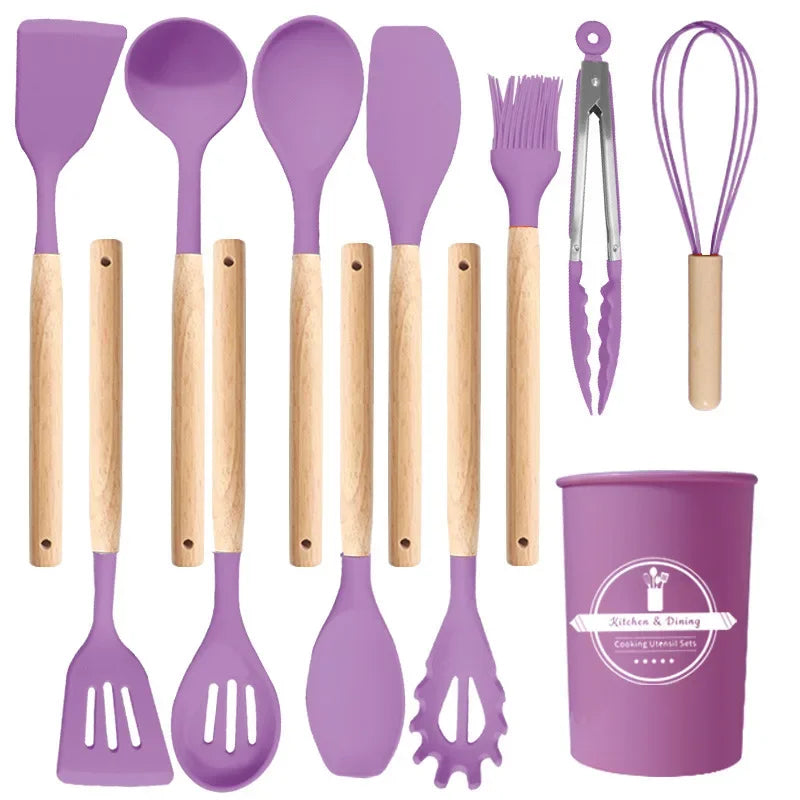 12Pcs/5pcs Silicone Kitchenware Non-Stick Cookware Kitchen Utensils Set Spatula Shovel Egg Beater Wooden Handle Cooking Tool Set